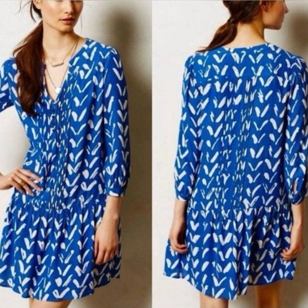Anthropologie Maeve Caravan Tunic Dress Blue White Print Size M